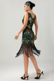 Zielona złota cekinowa sukienka z dekoltem w szpic Bodycon 1920s Flapper z frędzlami