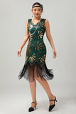 Zielona złota cekinowa sukienka z dekoltem w szpic Bodycon 1920s Flapper z frędzlami