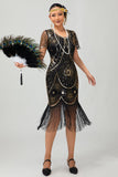 Gatsby Czarno-czerwona szufelka z frędzlami BodyconSukienka z 1920 roku z cekinami