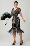 Czarno-srebrna cekinowa sukienka z dekoltem w szpic Bodycon 1920s z frędzlami