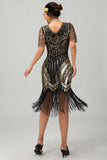Czarno-srebrna cekinowa sukienka z dekoltem w szpic Bodycon 1920s z frędzlami