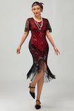 Czarno-srebrna cekinowa sukienka z dekoltem w szpic Bodycon 1920s z frędzlami