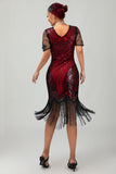 Czarno-srebrna cekinowa sukienka z dekoltem w szpic Bodycon 1920s z frędzlami