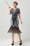 Czarno-srebrna cekinowa sukienka z dekoltem w szpic Bodycon 1920s z frędzlami