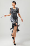 Czarno-srebrna cekinowa sukienka z dekoltem w szpic Bodycon 1920s z frędzlami