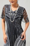Czarno-srebrna cekinowa sukienka z dekoltem w szpic Bodycon 1920s z frędzlami