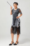 Czarno-srebrna cekinowa sukienka z dekoltem w szpic Bodycon 1920s z frędzlami