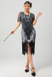 Czarno-srebrna cekinowa sukienka z dekoltem w szpic Bodycon 1920s z frędzlami