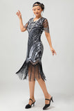 Czarno-srebrna cekinowa sukienka z dekoltem w szpic Bodycon 1920s z frędzlami