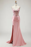 Blush Mermaid Spaghetti Straps, satynowy przezroczysty gorset, cekinowy długi bal sukienka z rozcięciem