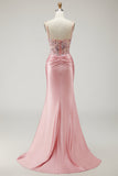 Blush Mermaid Spaghetti Straps, satynowy przezroczysty gorset, cekinowy długi bal sukienka z rozcięciem