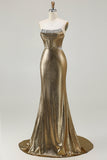 Błyszcząca Ciemny Złoty Gorset Bez Ramiączek Metaliczny Syrenka Długa Sukienka Na Studniówkę
