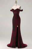 Czarno-czerwona syrena z opuszczonymi ramionami, długa sukienka balowa z rozcięciem