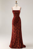 Bordowy gorset syreny Streamer Burnout Aksamitna sukienka dla druhen z rozcięciem