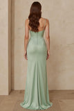 Dusty Sage Satin Sheath Spaghetti Ramiączka Długa Sukienka Druhny Z Rozcięciem