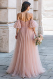 Dusty Rose Long A Line Off Off Shoulder Sukienka dla druhen z rękawami