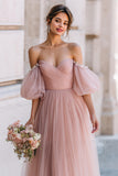 Dusty Rose Long A Line Off Off Shoulder Sukienka dla druhen z rękawami