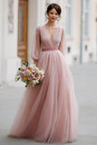 Sukienka dla druhen Dusty Rose A line z dekoltem w szpic i rękawami