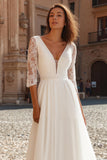Ivory V-Neck A Line Długa Suknia Ślubna Z Rękawami