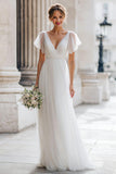 Ivory V-Neck A Line Suknia Ślubna Z Krótkim Rękawem