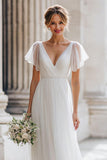 Ivory V-Neck A Line Suknia Ślubna Z Krótkim Rękawem