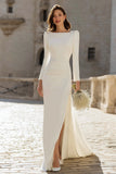 Ivory Bateau Neck Bodycon Satynowa Suknia Ślubna Z Rozcięciem