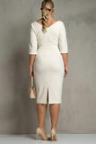 Ivory plus size sheath z dekoltem midi i rękawami Halft