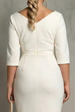Ivory plus size sheath z dekoltem midi i rękawami Halft