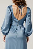 Lake Blue Satin Sheath Ruffle Długie rękawy Formalna sukienka z rozcięciem