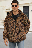 Męski płaszcz zimowy ze sztucznego futra Coffee Leopard z kieszeniami