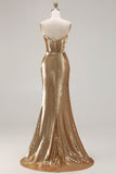 Błyszcząca Złoty Cekinowe Bez Ramiączek Syrenka Długa Sukienka Na Studniówkę z Rozcięciem