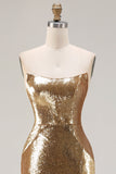 Błyszcząca Złoty Cekinowe Bez Ramiączek Syrenka Długa Sukienka Na Studniówkę z Rozcięciem