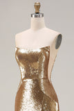Błyszcząca Złoty Cekinowe Bez Ramiączek Syrenka Długa Sukienka Na Studniówkę z Rozcięciem