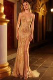 Błyszcząca Złota Syrenka Bez Ramiączek Długa Sukienka Na Studniówkę z Rozcięciem