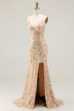 Szampanowe koraliki syreny z cekinami i długą sukienią na bal z rozcięciem