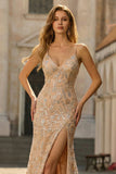 Błyszcząca Szampana Cienkich Ramiączkach Cekinowe Syrenka Długa Sukienka Na Studniówkę z Koralikami