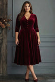 Sukienka do pracy w rozmiarze plus size burgund, aksamit A-line Midi Work z półrękawami