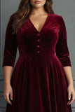 Sukienka do pracy w rozmiarze plus size burgund, aksamit A-line Midi Work z półrękawami