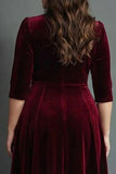 Sukienka do pracy w rozmiarze plus size burgund, aksamit A-line Midi Work z półrękawami