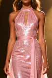 Błyszcząca jasnoróżowa syrenka cekinowa wiązana na szyi długa sukienka korowód z szarfą