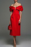 Czerwona sukienka formalna midi z odkrytymi ramionami