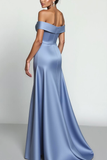 Dusty Blue Satin A Line Maxi Formalna Sukienka
