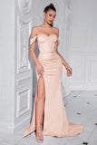 Blush Off The Shoulder Satynowa Osłona Długa Gorset Sukienka Na Studniówkę Z Rozcięciem