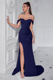 Blush Off The Shoulder Satynowa Osłona Długa Gorset Sukienka Na Studniówkę Z Rozcięciem