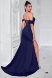 Blush Off The Shoulder Satynowa Osłona Długa Gorset Sukienka Na Studniówkę Z Rozcięciem