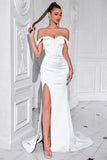 Blush Off The Shoulder Satynowa Osłona Długa Gorset Sukienka Na Studniówkę Z Rozcięciem