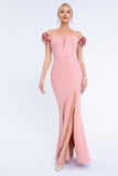 Blush Off the Shouder 3D Flower Sheath Sukienka na studniówkę z rozcięciem