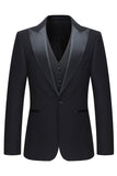Czarne 3-częściowe męskie garnitury ślubne z klapami w kształcie szpiku slim fit