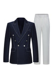Ciemnoniebieskie dwurzędowe klapy z klapami w szpicu dopasowane 2-częściowe męskie garnitury