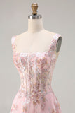 Pink Corset Sequin A Line Floral Long Prom Dress with Embroidery